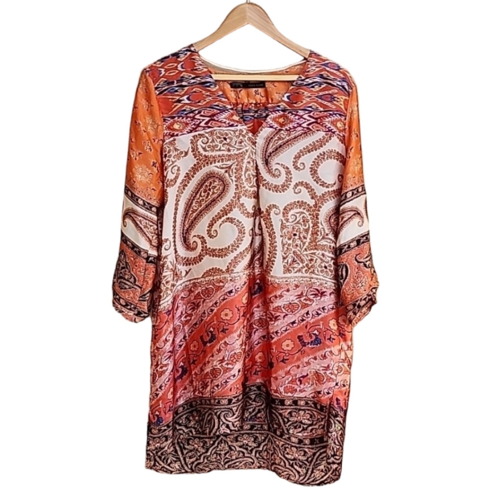 ZARA Paisley Tunic Top L Satin Blouse Orange Long Shirt Boho Convertible Sleeves - Picture 11 of 15